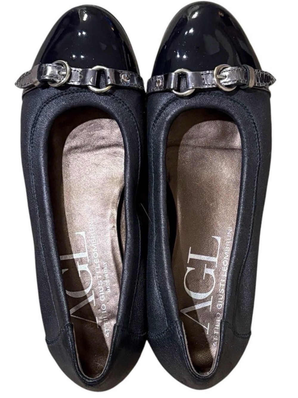 AGL Attilio Giusti Leombruni Black Silver Ballet Leather Flat Patent Toe 37/6